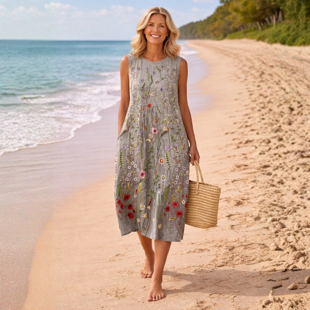 Annika | Vildblomma Midi Klänning i Svart - Klassisk Design i Bekvämt Material