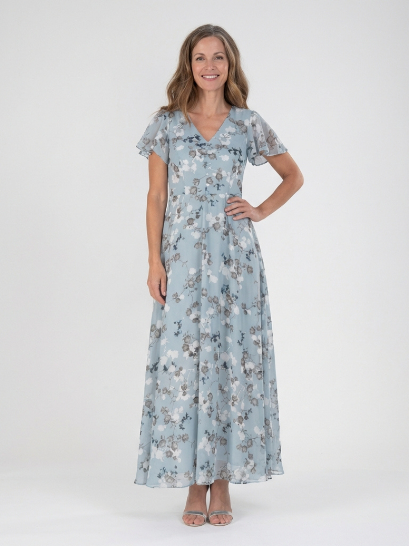 Stina | Blommig Chiffon Maxiklänning Himmelblå