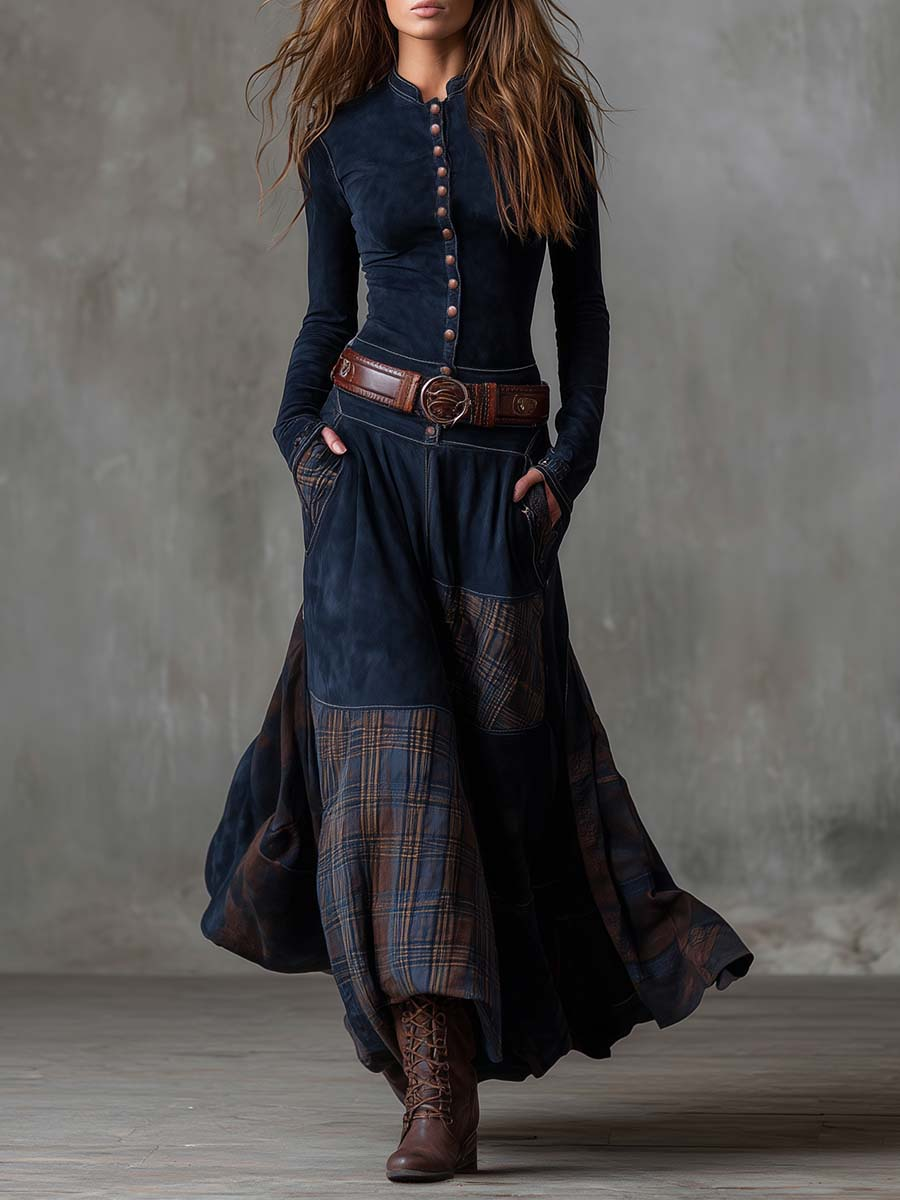 Helena Ivy | Vinternatt Navy Suede Maxi Klänning med Bälte