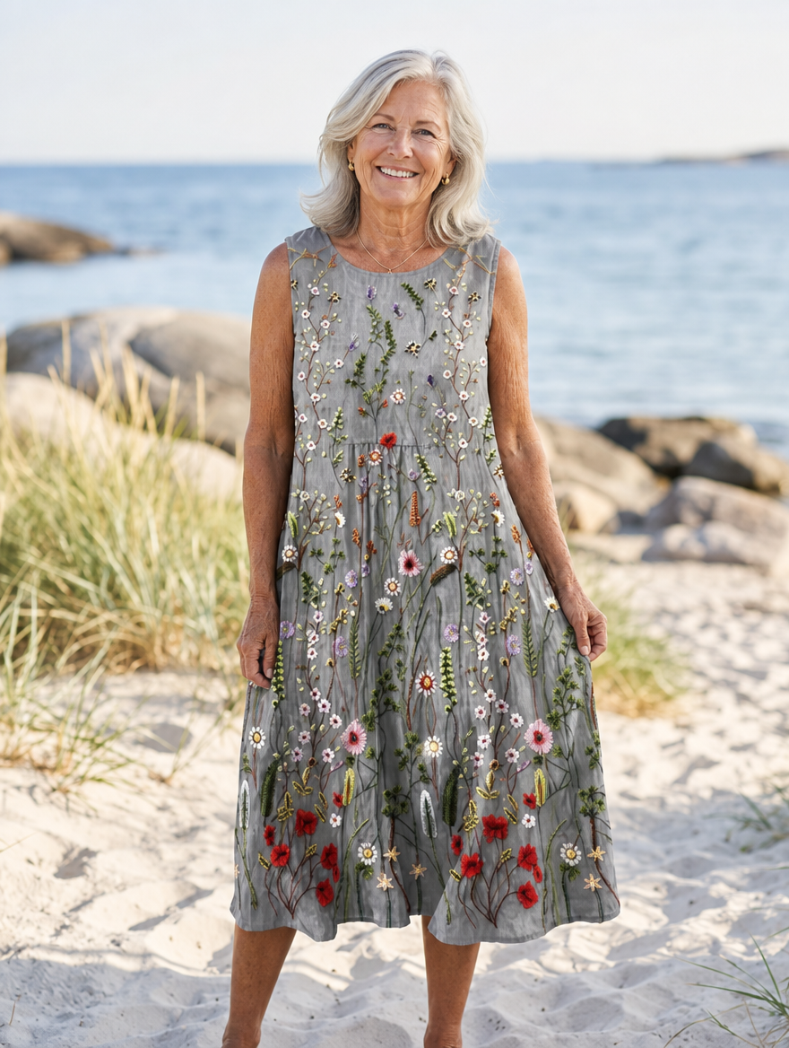 Annika | Vildblomma Midi Klänning i Svart - Klassisk Design i Bekvämt Material