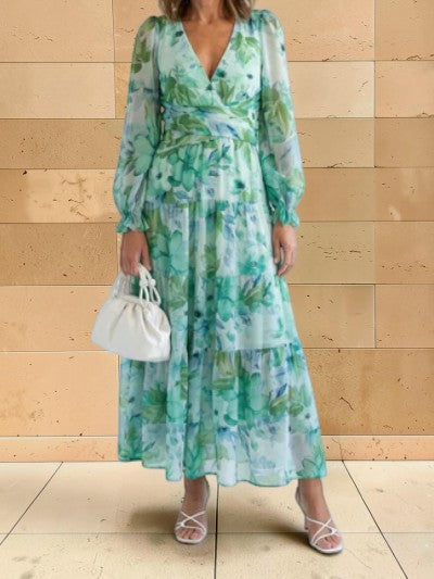 Hilda | Långärmad Maxiklänning med Blommigt Mönster