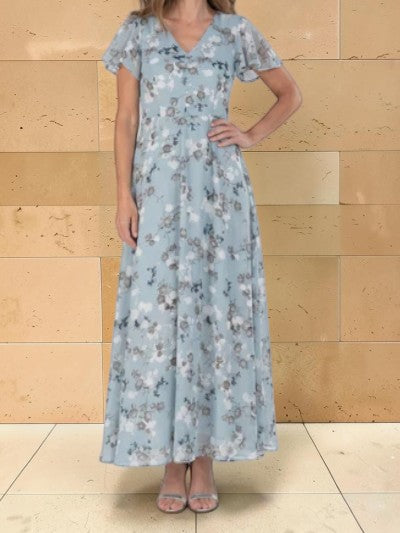 Stina | Blommig Chiffon Maxiklänning Himmelblå