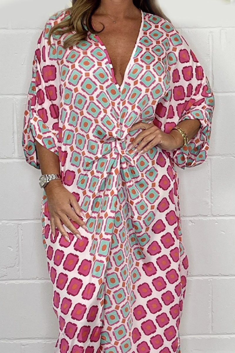 Babette | Boho V-ringad Geometrisk Mönstrad Klänning