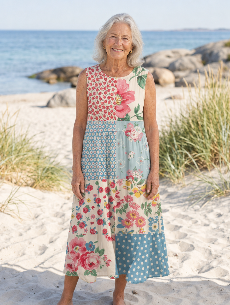 Lovisa | Patchwork Midi Klänning i Blandad Färg och Bomull